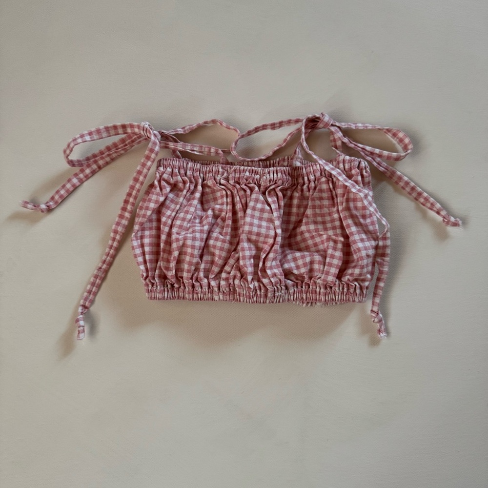 Pink Gingham Tie Strap Ruched Top - Picture 5 of 6